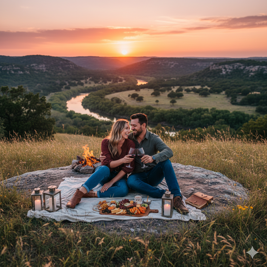 Rolling hills and river in the Texas Hill Country at sunset